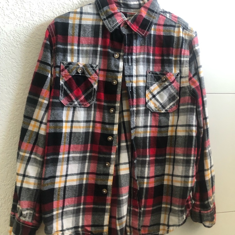 Size 8: Boy Button-Up Red/Gray Plaid Shirt